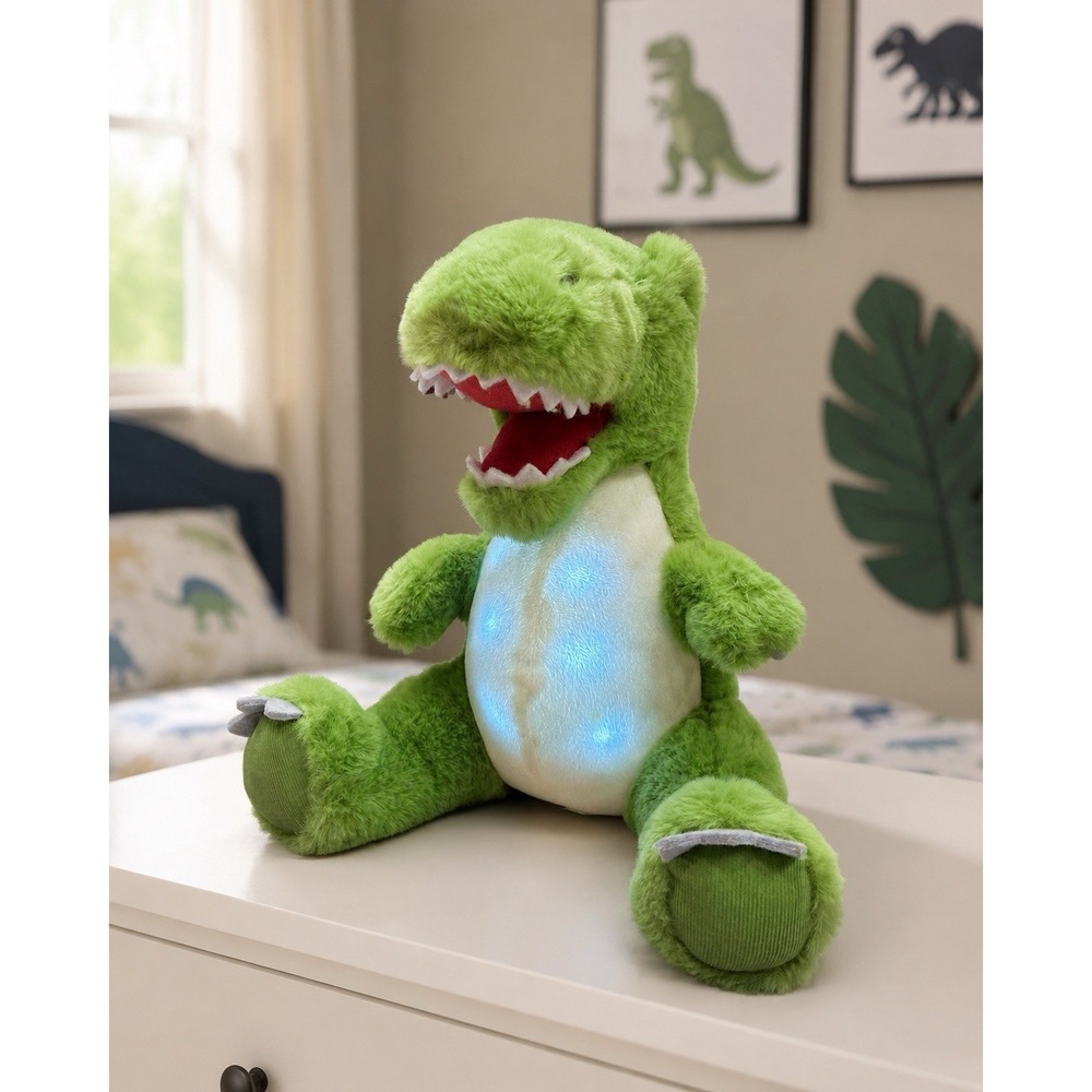 Pottery Barn Kids PBK Dinosaur T-Rex Plush Light Up Roaring Sounds 10" Green